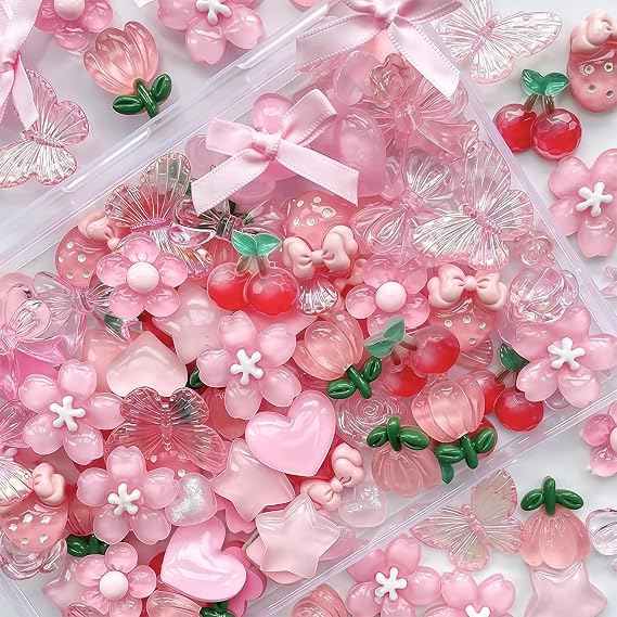 60 Pcs Case Charms Kit, Slime Charms for Y2K Aesthetic Bow, 3D Pink Phone Case Making, Girly Coquette DIY Craft Accessories