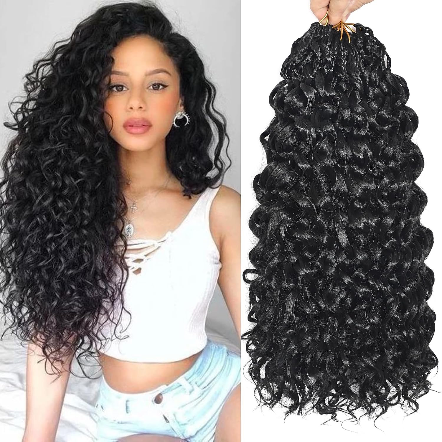 Gogo Curl Crochet Hair 10 Inch 8 Packs 120Strands Pretwisted Curly Crochet Hair Pre looped Ocean Wave Water Wave Deep Twist Synthetic Braiding Hair（Natural Black