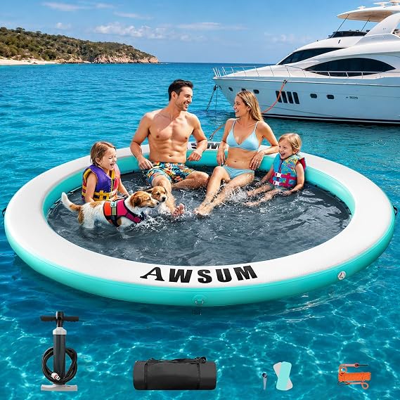 AWSUM Inflatable Water Hammock, 6/8/10 FT Round Floating Ring with Mesh Circle Floating Hammock for Adults, Heavy Duty Pool Floats for Oceans Lake Boat Beach River