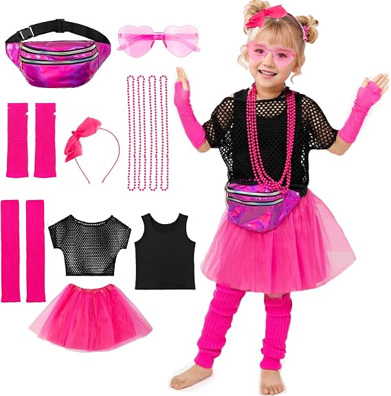 Fairycece 80s Outfit for Girls Neon Halloween Costume Kids Dress Up