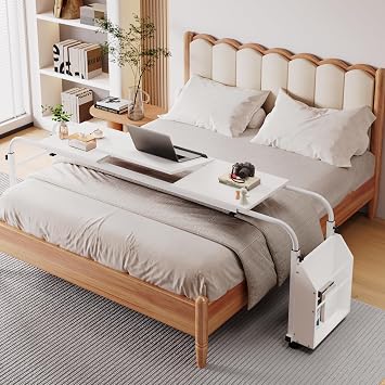 Arlopu Overbed Table with Wheels,60.6-84.2 inches Mobile Bed Desk,Rolling Computer Desk, Laptop Cart,W/0-65Tilt Stand,4 Heights and 6 Lengths,Side Storage Basket,for Home,Office and Hospital White