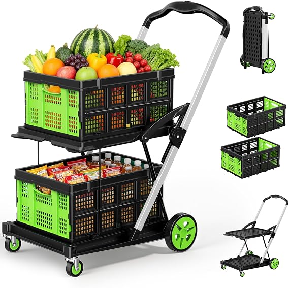 Collapsible Shopping Cart with Wheels, 8-in-1 200LBS Multi Functional Utility Cart with 2 Storage Crate, Grocery Cart with Adjustable Handle&Foot Brake for Shopping/Warehouse/Office/Supermarket-Green