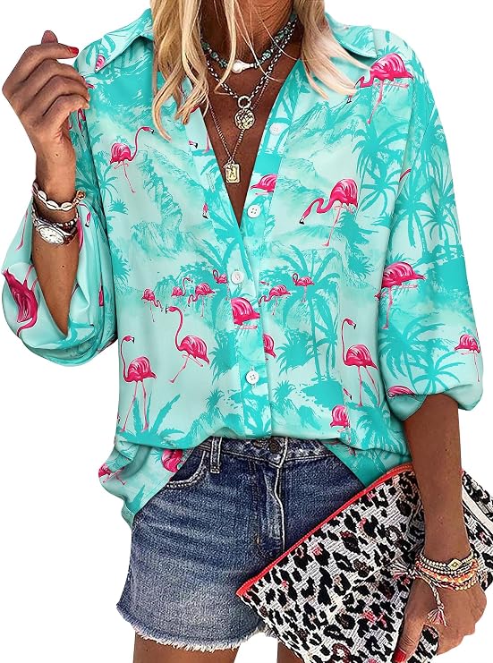 ZXZY Womens Hawaiian Shirt Long Sleeve Tropical Tops Dressy Casual Blouses