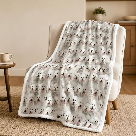 BlessLiving Bichon Frise White Throw Blanket with Dense Dog Patterns