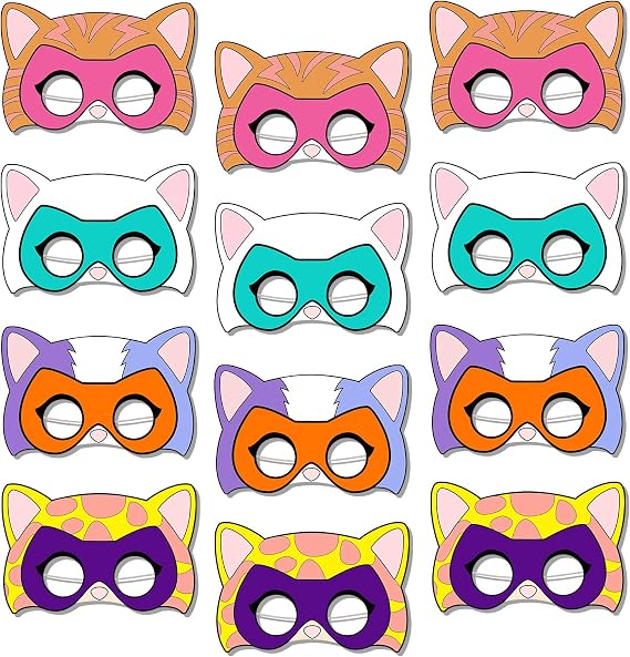 PINUO 12Pcs Super Cat Masks Party Decorations, Cartoon Cat Paper Masks for Animal Theme Birthday Party Decorations and Event Supplies