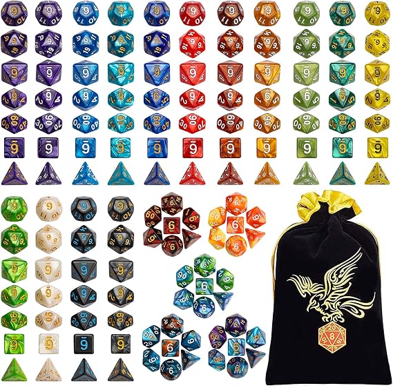 QMAY Polyhedral Dice, 20x7 (140pcs) DND Dice with Drawstring Storage Pouch