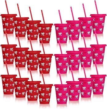 FoldTier 24 Pcs Valentine's Day Cups Bulk with Lids and Straws 16oz Reusable Plastic Cups Red Pink Bow Heart Valentines Tumbler Gifts for Galentines Party Supplies Wedding Anniversary