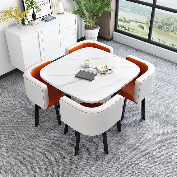 Simple Square Table Kitchen Dining Table Set, Modern Conference Table, Compact Kitchen Table, with 4 Chairs Reception Table, for Dinning Room/Kitchen(Orange,90cm/35.5in)