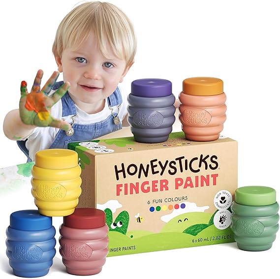 Honeysticks Non Toxic Finger Paint (6 Bright Colors) - Washable from Skin | Perfect First Paint for Little Artists Age 1+, Water Based, Safe Finger Painting for Toddlers, Kids Ages 1-3, 2-4, 3-5, Eco