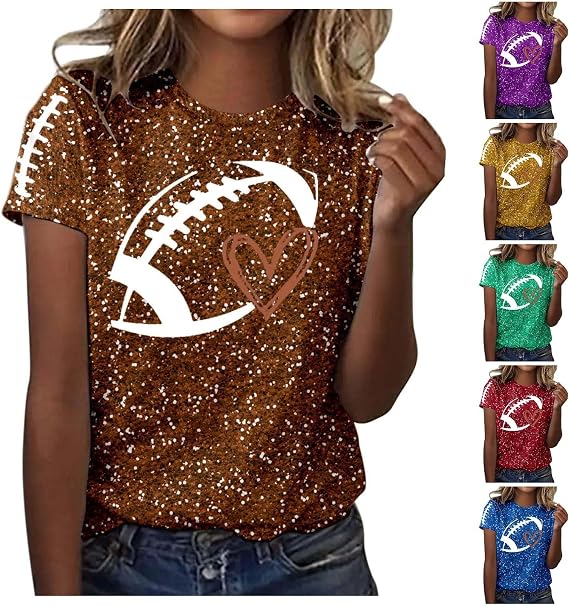 Womens Sequin Look Football Shirts 2025 Game Day Casual Plus Size Tees Short Sleeve Graphic Vintage Pullover Tops