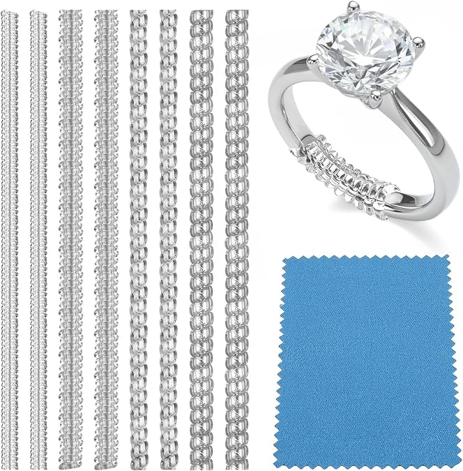 8 Pack Ring Adjuster for Loose Rings, 4 Sizes Invisible Ring Size Adjuster | With Silver Polishing Cloth, Silicone Ring Tightener, Spiral Ring Reducer for Loose Rings