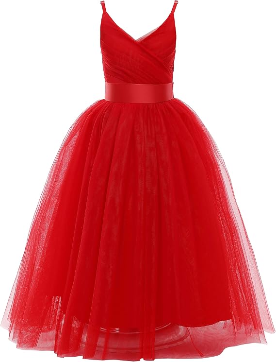Glamulice Flower Girls Spaghetti Strap Tulle Dress Long A Line Wedding Pageant Dresses Princess Birthday Party Ball Gown