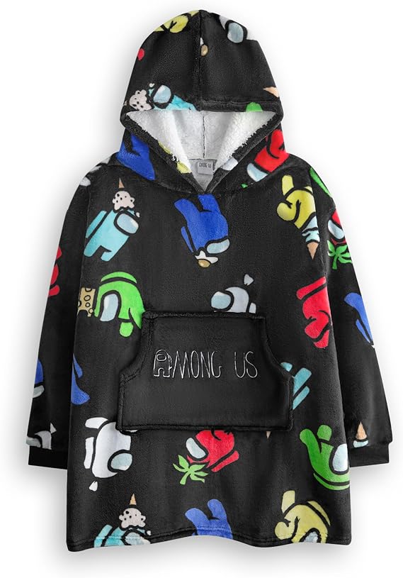 Among Us Boys Wearable Blanket Hoodie | Kids Multi-Coloured Crewmates & Imposter Character Print Hooded Pullover in Black