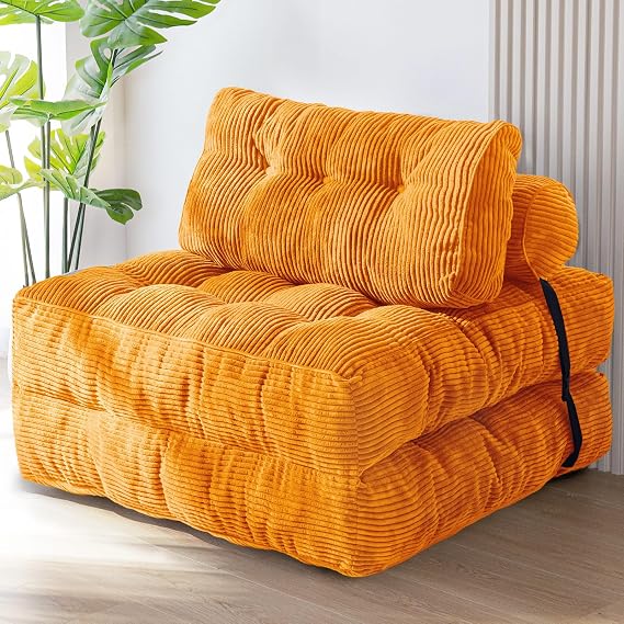 MAXYOYO Folding Sofa Bed, Convertible Sleeper Chair with Pillow Foldable Mattress with Back Support, Portable Fold Out Chair Bed Comfy Floor Sofa Lounge for Living Room Bedroom, Orange