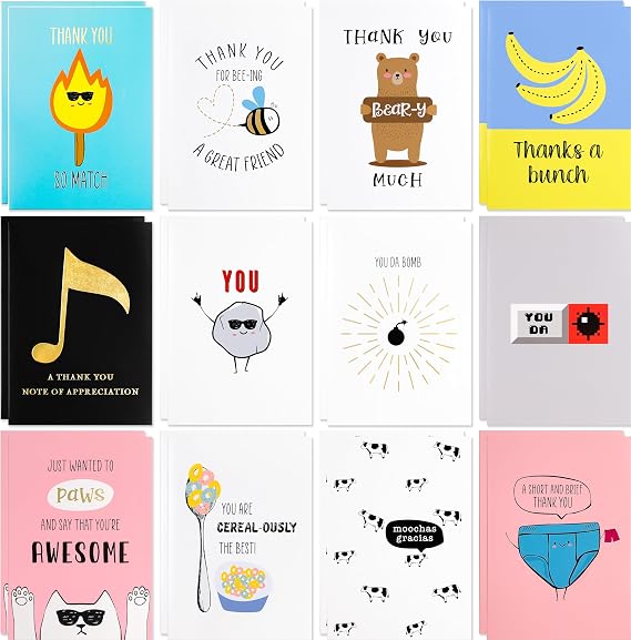 24 PackFunny Thank You Cards Big Size 4 x 6 Inch Appreciation Cards and Pun Cards Printed on Premium Thick 250 GSM Paper Unique Eye Catching Designs in Funny Themes Funny Greeting Cards