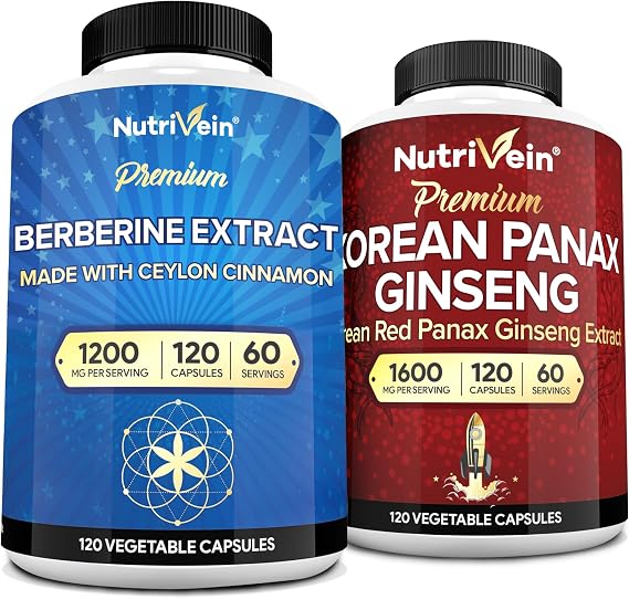 Nutrivein Premium Korean Panax Ginseng Supplement & Berberine Supplements Bundle: High-Absorption Berberine Complex & Genuine Red Ginseng Bundle for Daily Clarity, Vitality, Wellness