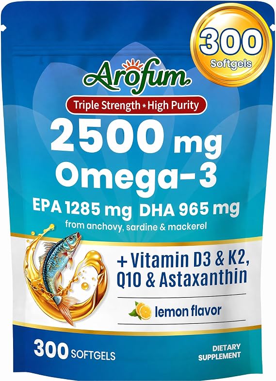 Omega 3 Fish Oil with Vitamin D3 K2 300 Lemon Flavored Burpless Softgels | High EPA & DHA rTG Formula with CoQ10 & Astaxanthin | Gluten-Free, Non-GMO