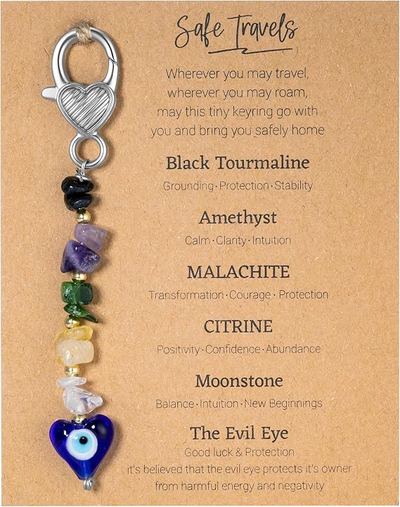 RareLove Safe Travels Protection Healing Crystals Keychain with Evil Eye Charm Beaded Key Chain Good Luck Gifts Traveling Women