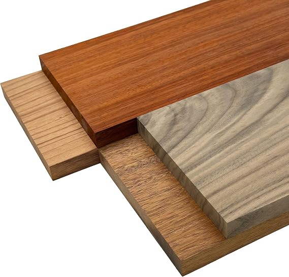 Barrington Hardwoods Imported Exotic Hardwood Variety Pack - Padauk, Red Zebrawood, Merbau, and Walnut (3/4" x 6" x 12" (4 Pieces)