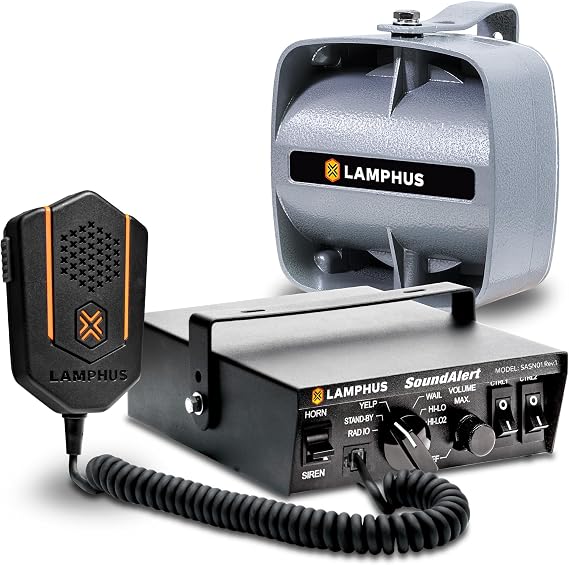 SoundAlert 12V 100W Police Siren PA System Kit [120-130dB Compact Speaker] [2 x 16A Aux Switch] [Hands-Free Air Horn] [PTT Mic] [Radio Rebroadcast] Warning Emergency Siren for Vehicle Tow Truck Van RV