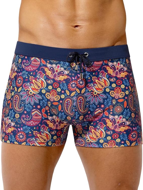 Casey Kevin Mens Printed Swim Briefs Square Cut Trunks Drawstring Bikini