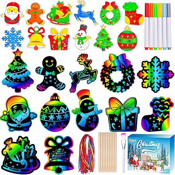 Garma 72Pcs Christmas Crafts Scratch Art for Kids, Rainbow Scratch Paper Christmas Ornaments Crafts Christmas Party Favors Toys Xmas Tree Ornaments Hanging Craft Art Kits