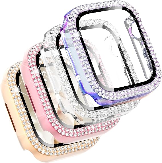 CHANCHY 4 Pack Compatible with Apple Watch Case, 38mm Bling Case Crystal Protective Bumper with Screen Protector Compatible with Apple Watch Cover for iWatch Series 3 2 1, Rainbow/Clear/Rose gold/Pink
