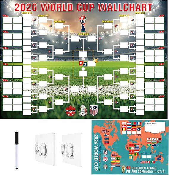Wieerda 2026 World Cup Football Schedule Poster, 2-in-1 World Cup Soccer Match Schedule Chart with Hooks and Pens, Football Party Decorations for Bedroom, Bar, School, Office