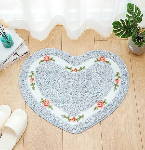 Heart Shaped Floral Rural Style Rug, Water Absorbent Bathroom Floor Mat, Shower Rug Bedroom Living Room Carpet (17.7x19.7inches, Blue)