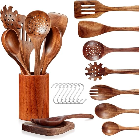 Wooden Kitchen Utensil Set,10 Piece Natural Teak with Spoon Rest & Hooks | Wooden Cooking Utensils with Comfort Grip, Smooth Durable Heat Resistant Cooking Spoons and Utensils Holder for Cooking
