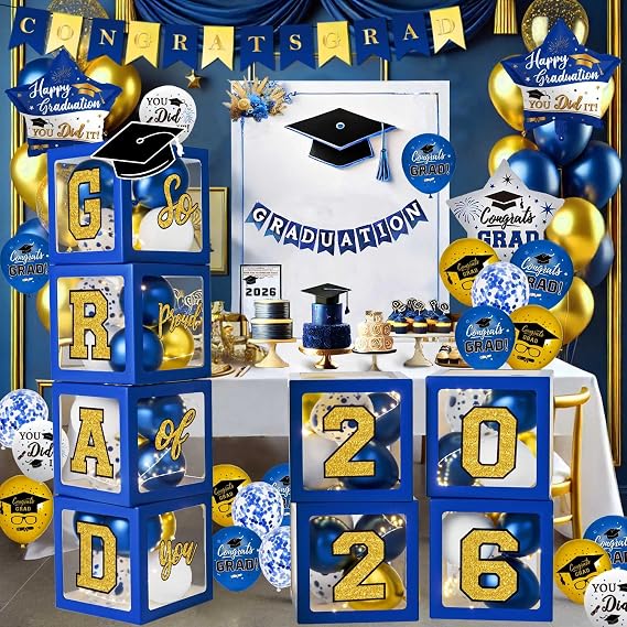 Graduation Decorations Class of 2026 - Blue and Gold Balloons Boxes with Letters 2026 GRAD So Proud of You - Complete Party Supplies for High School & College Celebrations