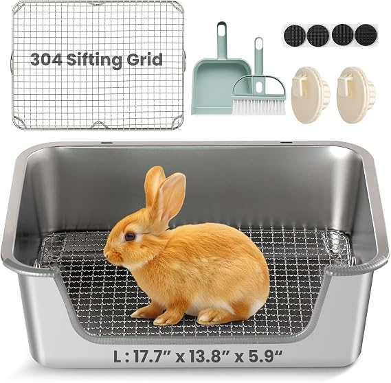 Rabbit Litter Box, Extra Large Bunny Litter Box with 304 Stainless Steel Sifting Tray & Hooks, Rabbit Litter Box, Easy to Clean and Odor Control (17.7" 13.8" 5.9")