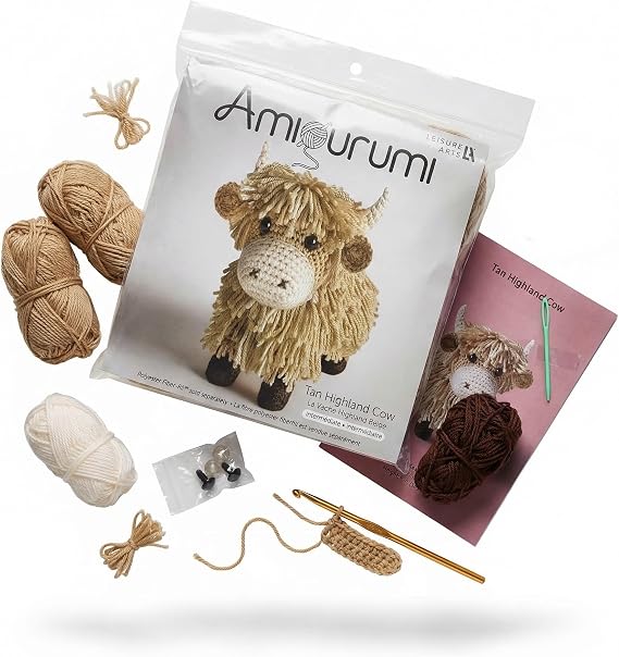 LEISURE ARTS Amigurumi Highland Cow Crochet Kit Tan Adult Crochet Kit for Amigurumi Animal Project, Highland Cow Plush 8 Inch Finished Figure