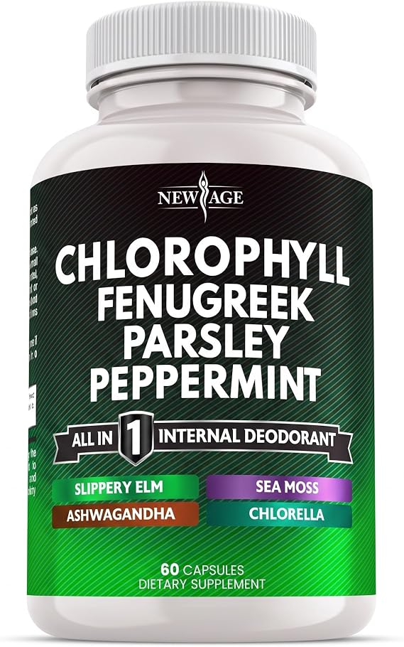 NEW AGE Chlorophyll Fenugreek Capsules - Supplement Internal Deodorant Peppermint- Fenugreek 20:1, Sea Moss, Parsley, Chlorella, Spirulina, Slippery Elm, Ashwagandha, All in 1 Greens- 60 Count
