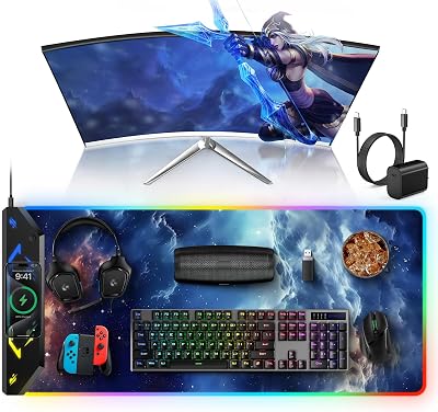 TopMade Wireless Charging Mouse Pad, RGB Gaming Mousepad, 35.4 x 15.8 Extra Large Waterproof Keyboard Desk Pad, Computer Desk Mat, Blue Nebula Includes 20W PD Power Adapter & 6.56ft Woven Cable