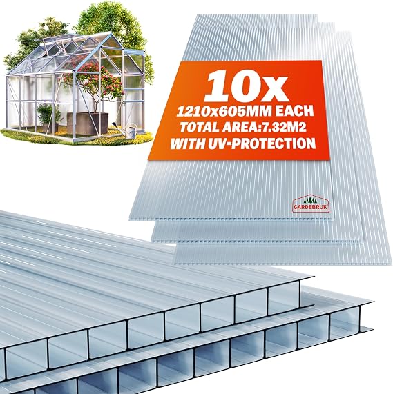 GARDEBRUK® 10x Polycarbonate Twin Wall Sheets, 6mm, 7.3m², 121 x 60.5cm | Double Wall Panels, For Greenhouse, Conservatory, Garden Shed, Bike Shed, Plastic Sheeting, Fence Panels, Roofing Sheets