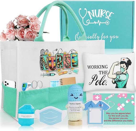 Trinckle 8Pcs Gifts for Nurse, Mimi Birthday Gift for Appreciation Birthday | Nurse Gift Set for Women, Thank You Mimi Gifts Grandma Basket with Canvas Tote Makeup Bag