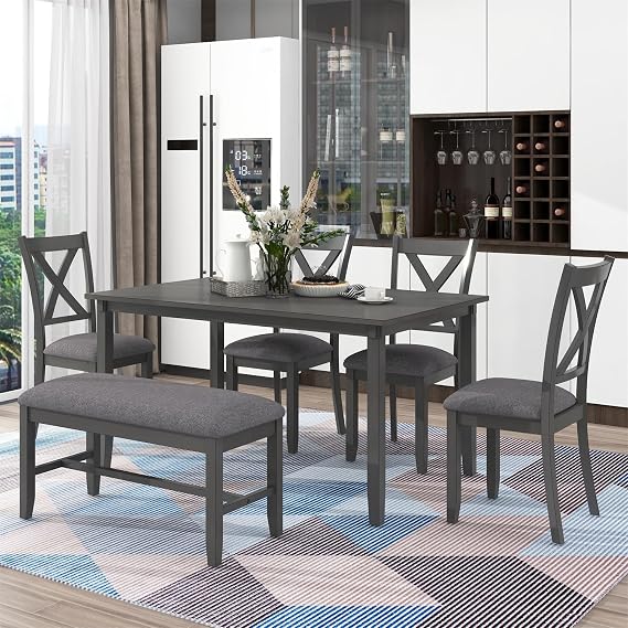 Harper & Bright Designs 6 Piece Wooden Dining Table Set with Upholstered Bench and 4 Dining Chairs, Kitchen Table Set Family Furniture for 6 People (Grey)