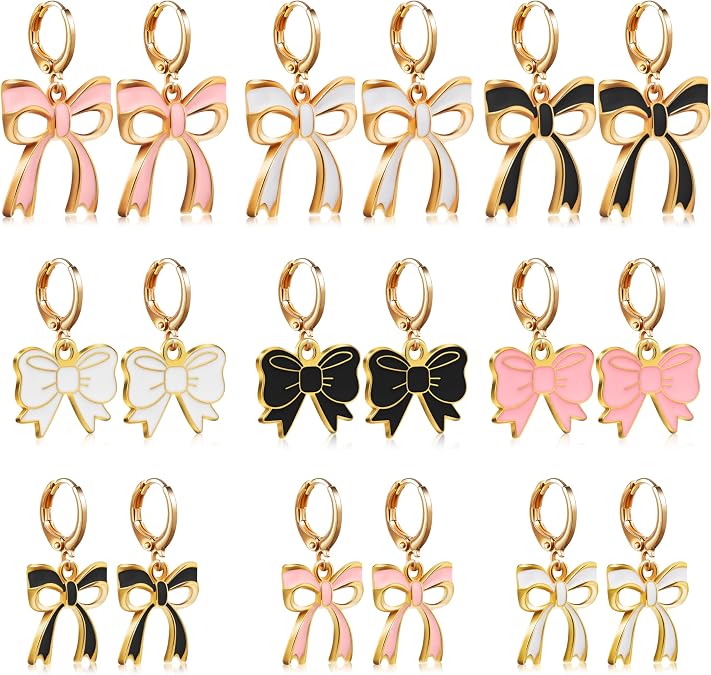 LieToi 9 Pairs Gold Bow Earrings for Women - Coquette Bowknot Hoop Drop Dangle Earrings Charms Pink Bow Trendy Stuff Bridal Shower Birthday Valentines Day Daily Gift