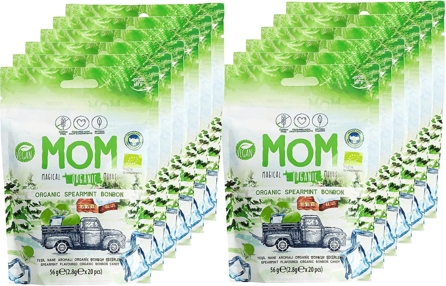 MOM Organik Nane Aromalı Bonbon Şekerleme Yuvarlak 56 g x 12 Adet