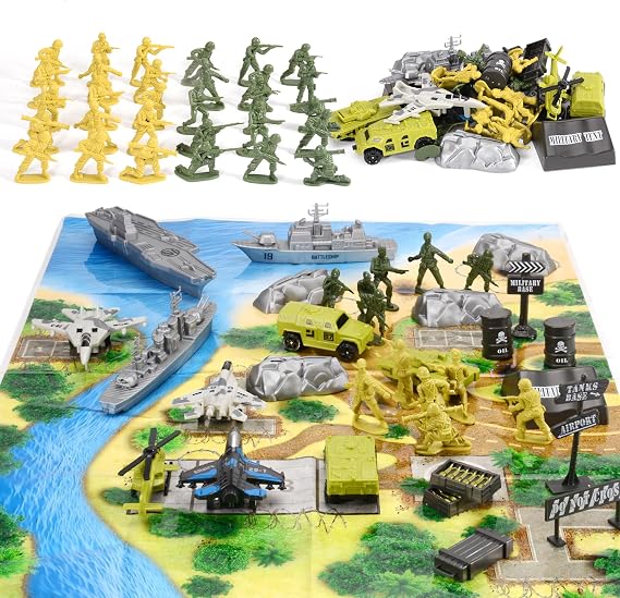 Army Men Playset 78 PCS Military Toy Soldiers Set, 48 Toy Soldiers with Vehicles, Fighter Jets & Battle Mat, Aircraft Carrier with Catapult, Army Battlefield Toys for Kids Ages 4-8
