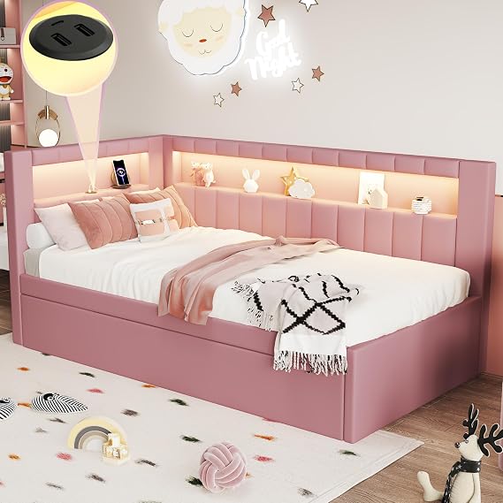 Linique Twin Size Linen Fabric Daybed with LED Lights and USB Ports, L-Shaped Corner Bed Frame with Trundle, Perfect for Guest Rooms, Living Room, Bedroom, Pink