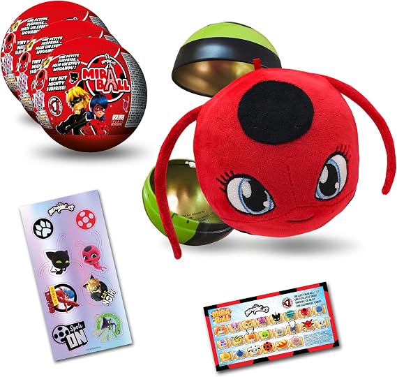 Miraculous Ladybug Collectible Toy Capsule 4-1 Set of 3 Miraball Surprise: Expandable Kwami Plush Toy Metal Ball with Character Pictures Glitter Stickers Hanging Strap