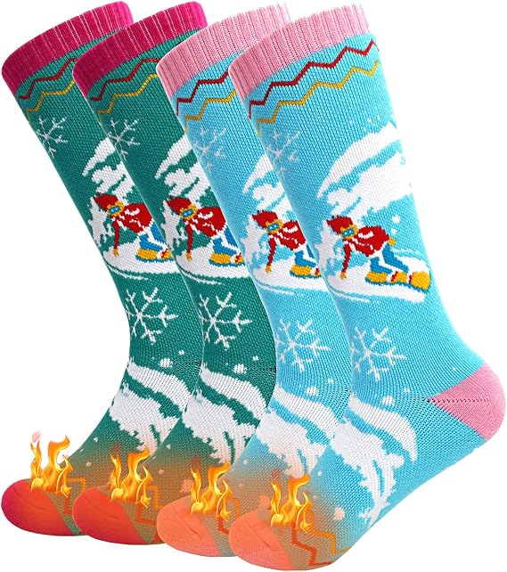 SkiBeaut Kids Ski Socks, 2 Pairs Knee-high Thick Warm Snowboard Skating Skiing Socks for Boys Girls Toddler Youth, Age 3-12