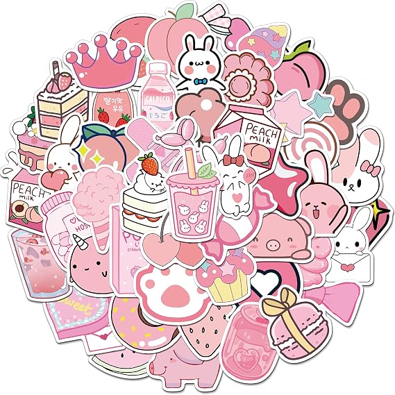 50PCS Cute Kawaii Stickers for Water Bottles, VSCO Pink Stickers for Laptop Aesthetic Stickers Gift for Kids Teens Girls(Pink Rabbit)
