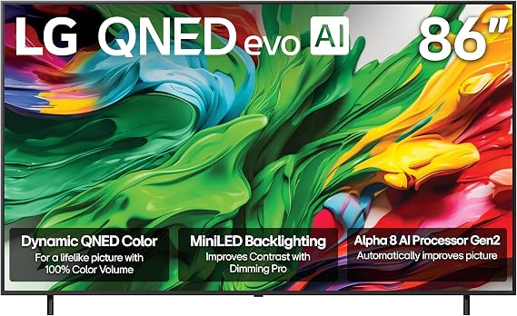 LG 86-Inch Class QNED evo AI QNED85A Series Mini LED 4K Smart TV w/AI Picture, Sound, Super Upscaling 4K, HDR10, Filmmaker Mode, Wow Orchestra, Alexa Built-in (86QNED85AUA, 2025)