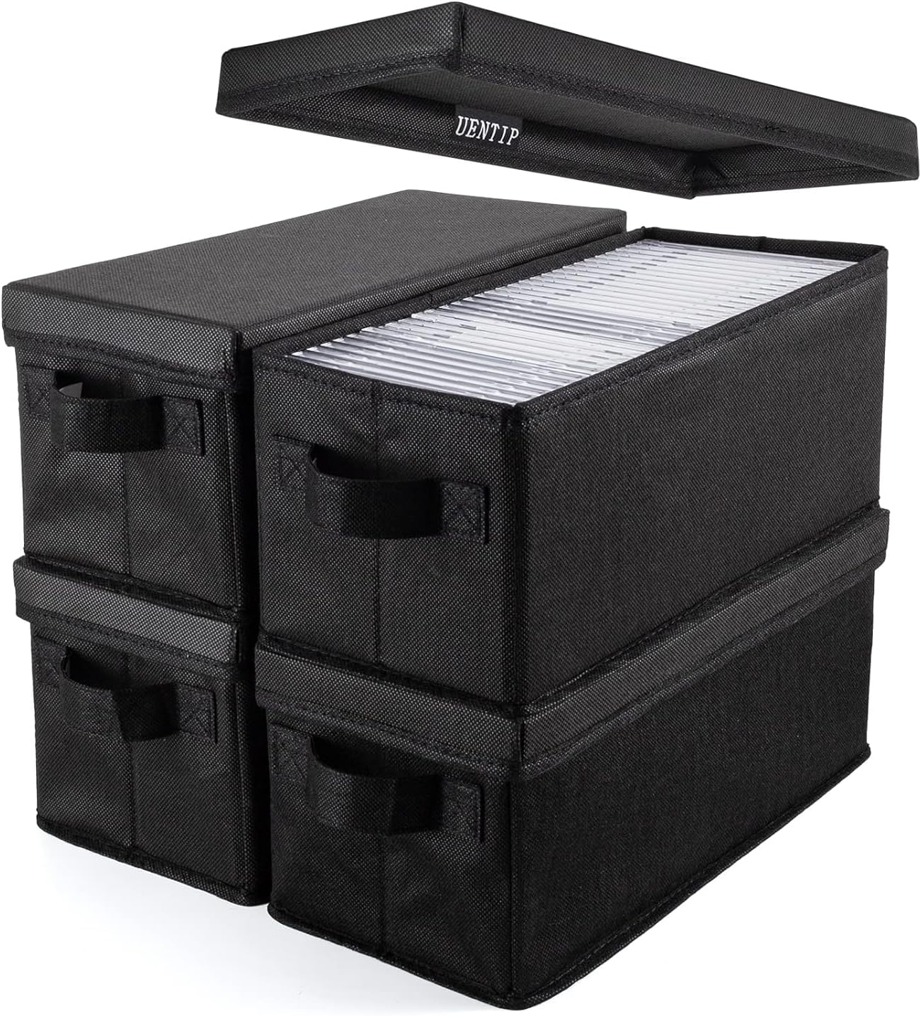 UENTIP CD Storage Boxes - Pack of 4 CD Case Storage - 13.2" x 5.9" x 5.3", Container holds 30 CDs in full jewel cases, 60 CDs in slim cases, and 165 discs in CD sleeves - Black 4pack-black