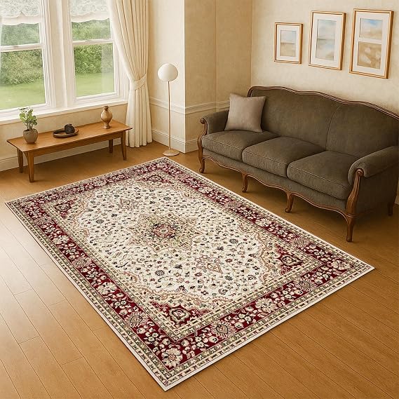 Rugs Inn Traditional Collection Rug – Large Washable Non-slip Carpet for Living Room, Bedroom, Lounge Dining, Kitchen Thick Soft Indoor Floor Rugs (Cream, 200x290 cm)