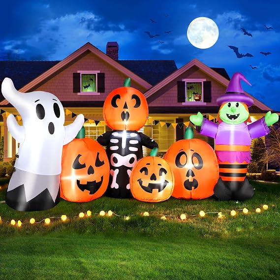 8 ft Halloween Inflatable Pumpkin Outdoor Decoration, Large Blow Up Witch, Ghost & Skeleton Decoration with Built-in LED Lights & Powerful Air Blower for Halloween Party Garden Yard Indoor Decor