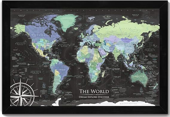 GEOJANGO Personalized Push Pin World Travel Map with Pins - Large Wall Art Stretched Canvas, Rolled Poster, or Framed Map - Enterprise Handmade Custom Map Pinboard Home Decor...